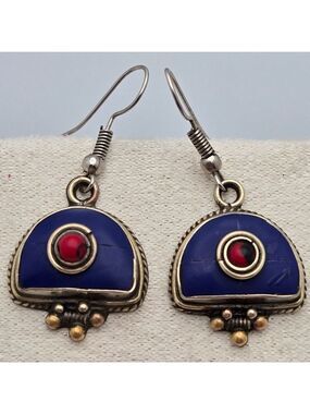 Nepali Tribal Boho Handmade Earrings Tibetan Coral & Lapis Lazuli Ethnic Jewelry